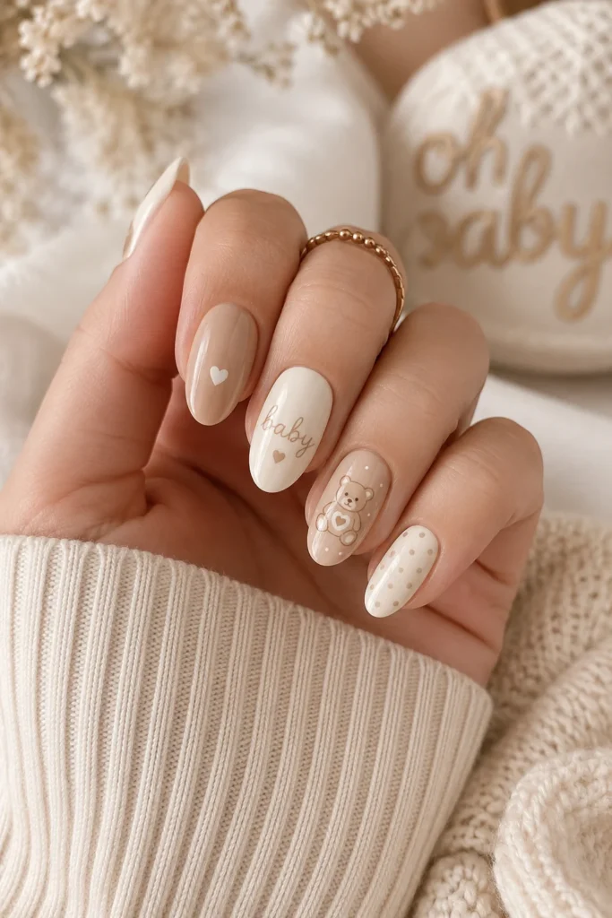 Neutral beige ivory nails timeless elegant baby shower manicure