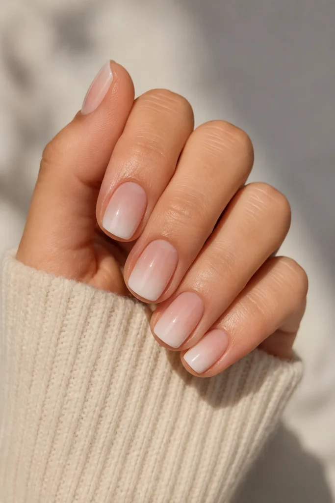 Nude to milky white ombre short nails
