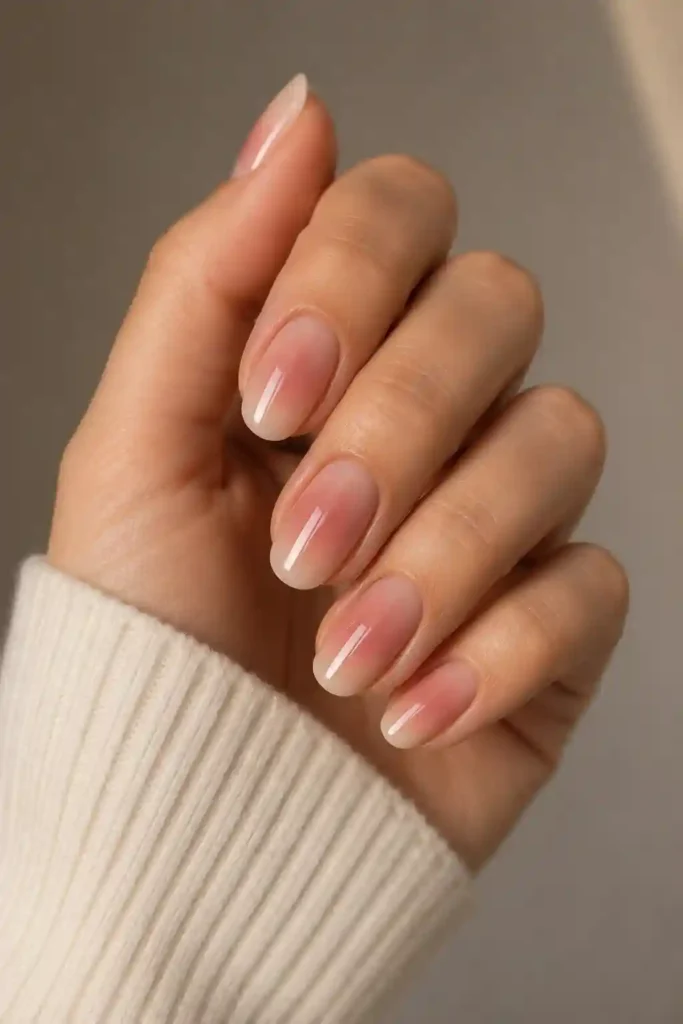 Subtle nude aura nails soft glowing transition spring look