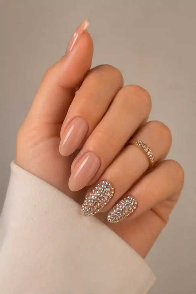 Nude nails with rhinestone accent nail for elegant sparkle