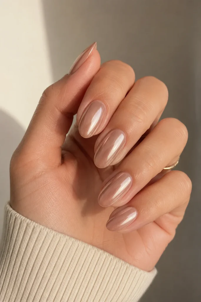 Nude chrome finish nails with subtle metallic sheen