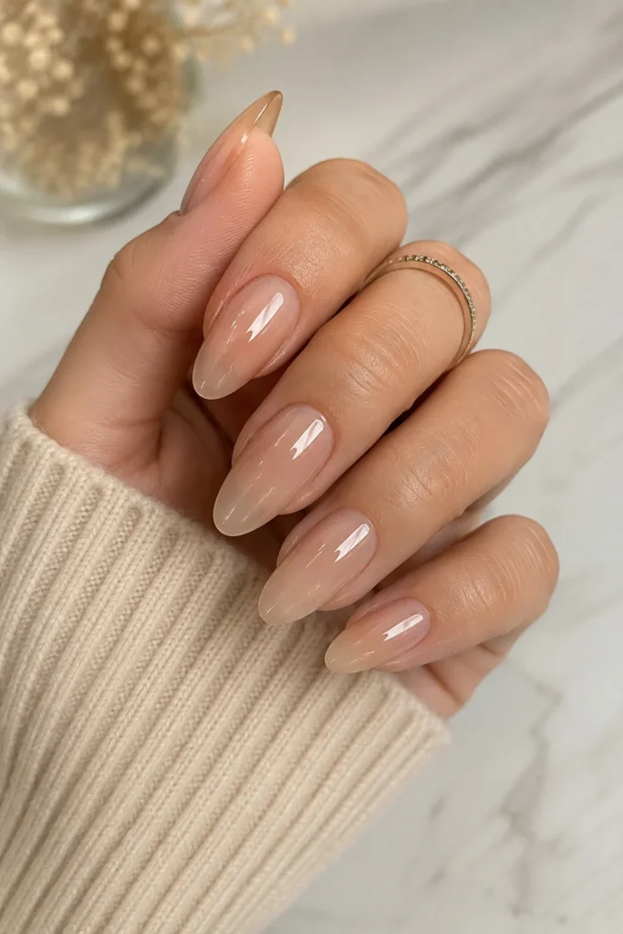 Nude clear gloss manicure with warm beige tint
