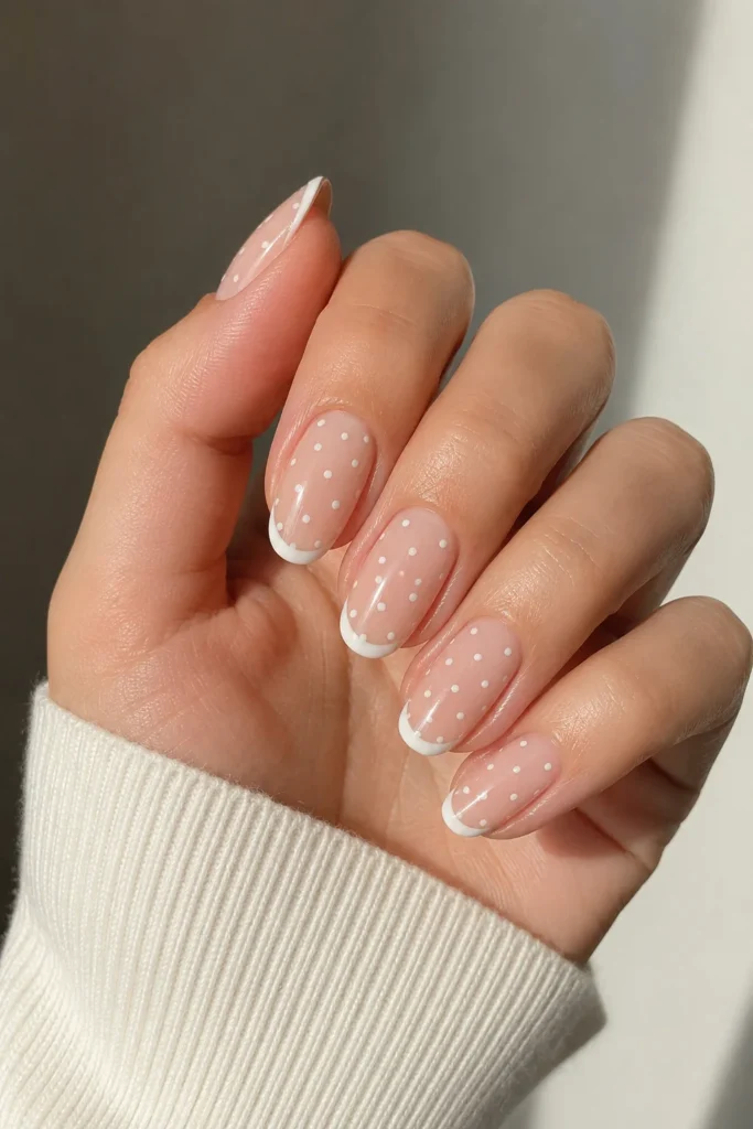 Nude French manicure with white polka dots
