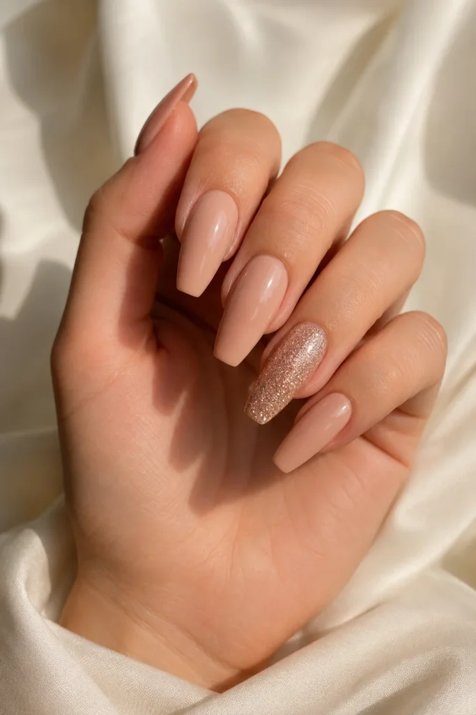 Nude ballerina nails with one glitter accent nail