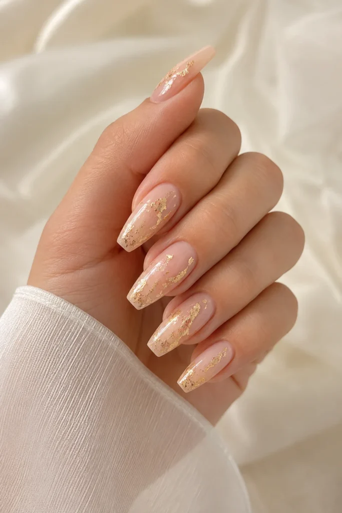 Nude nails with gold foil bridal accents