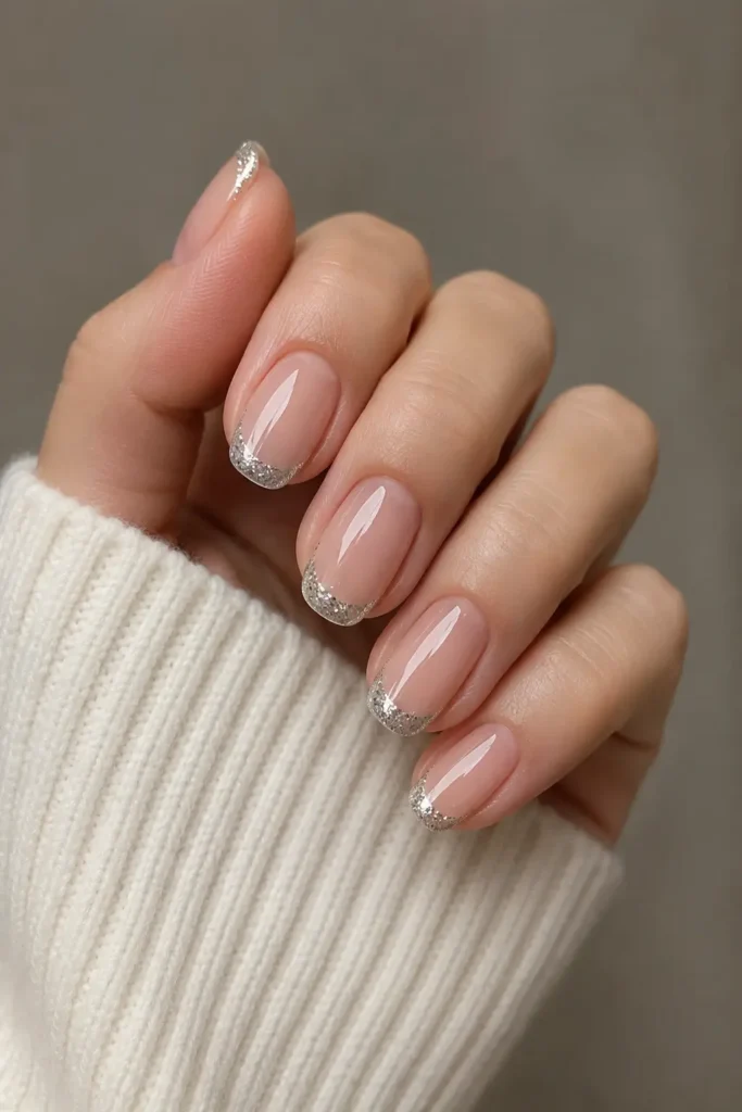 nude nails with silver glitter tips
