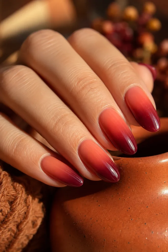 Smooth ombré brush blend nail design in warm tones