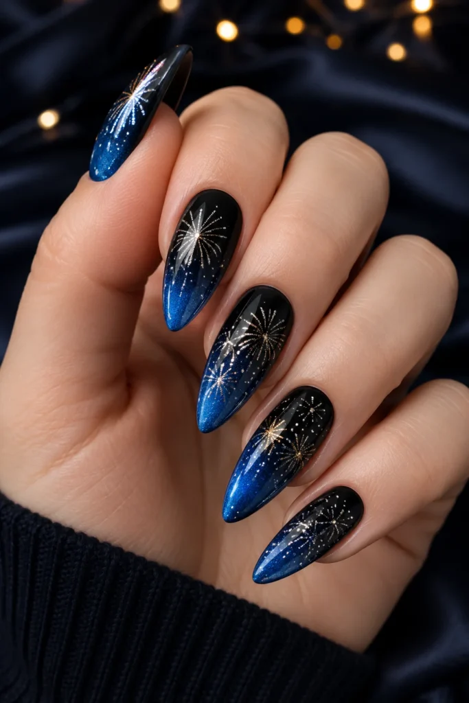 Black to blue ombre nails topped with shimmering fireworks