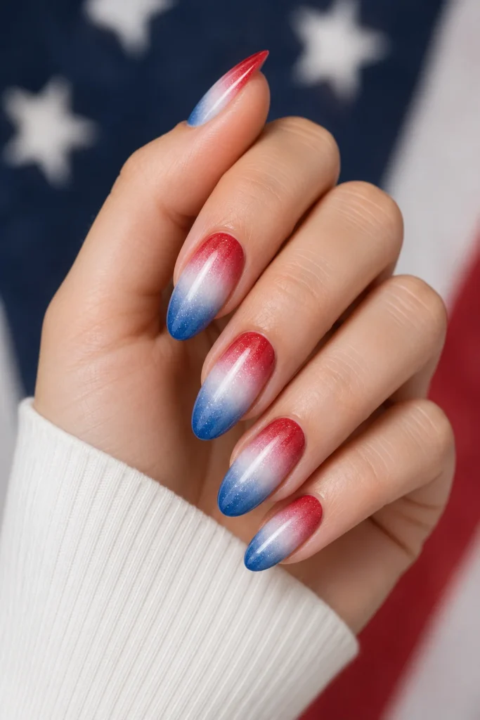 ombre blend of red white and blue nails