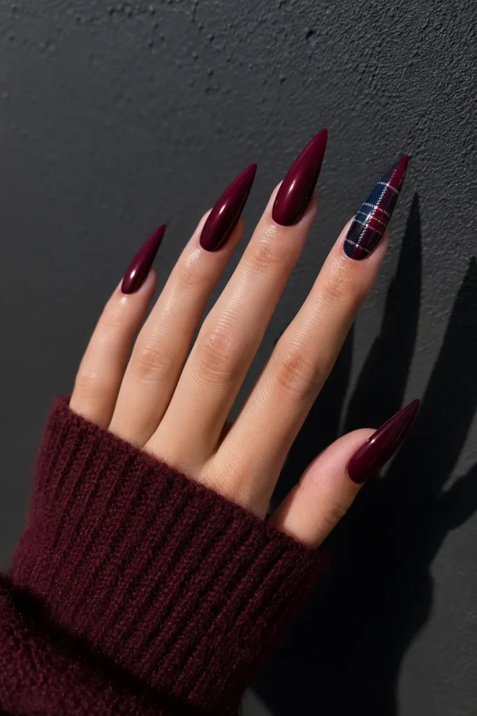 Oversized plaid accent nails on long coffin manicure