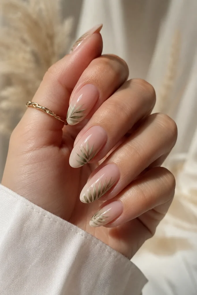 Nude nails with delicate painted palm leaf details