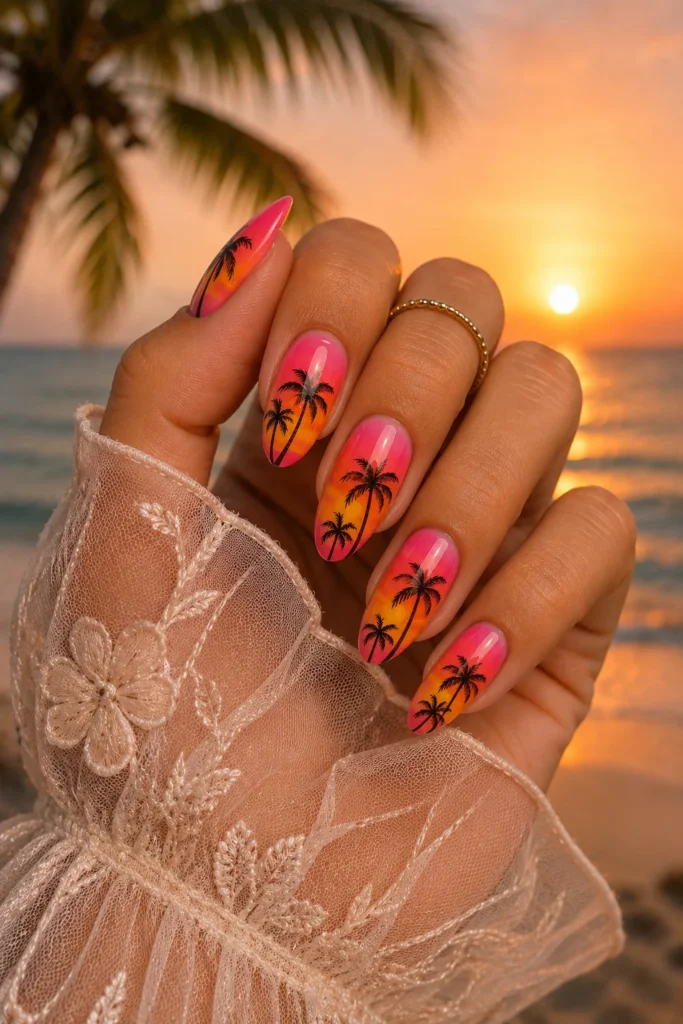 tropical palm tree silhouette sunset aura nails