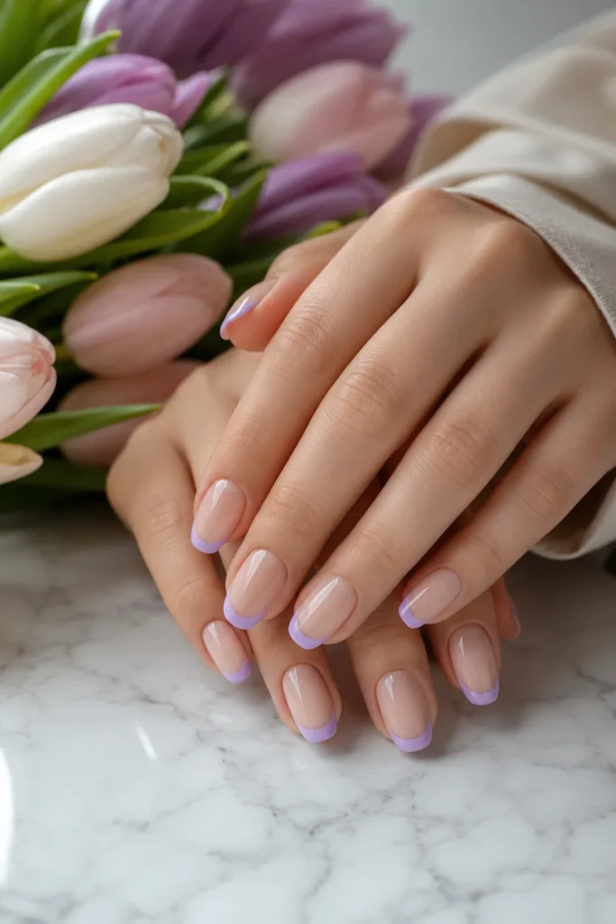 Pastel lilac French tip nail design close up.