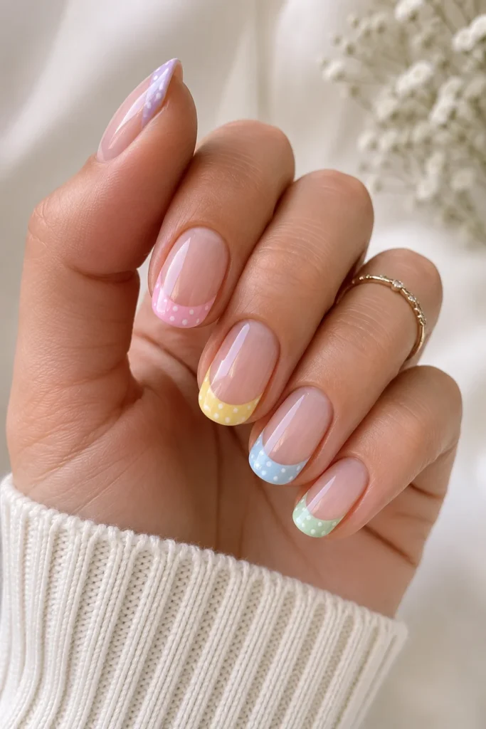 Pastel French tip nails with matching polka dots