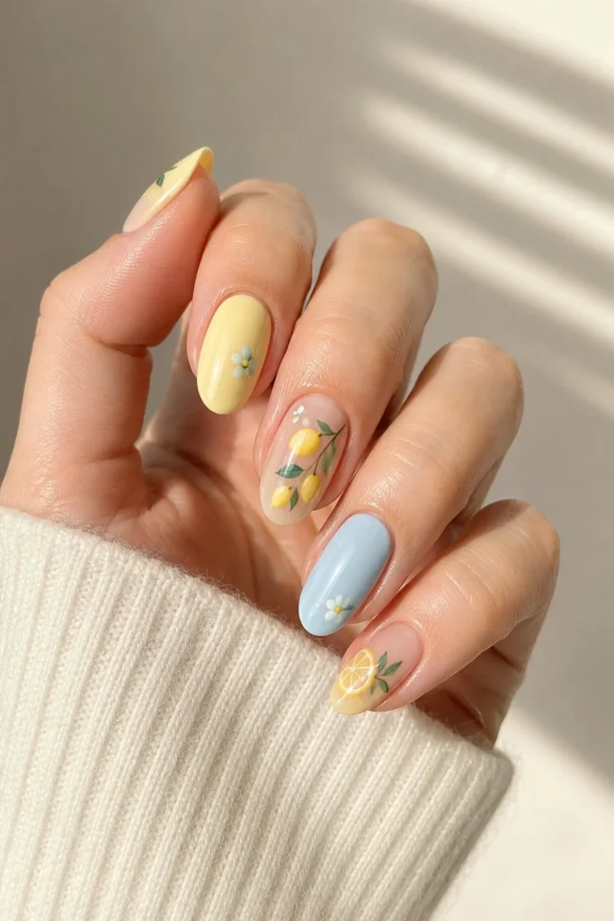 Pastel yellow and blue nails with fruit illustrations