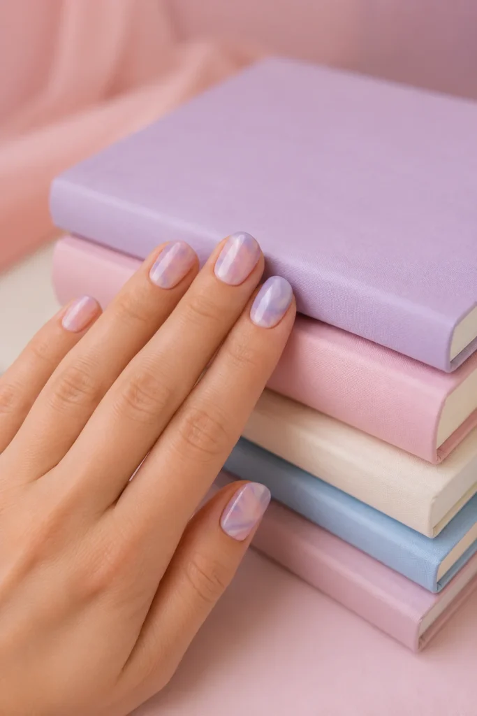 Pastel lilac and pink marble nail design