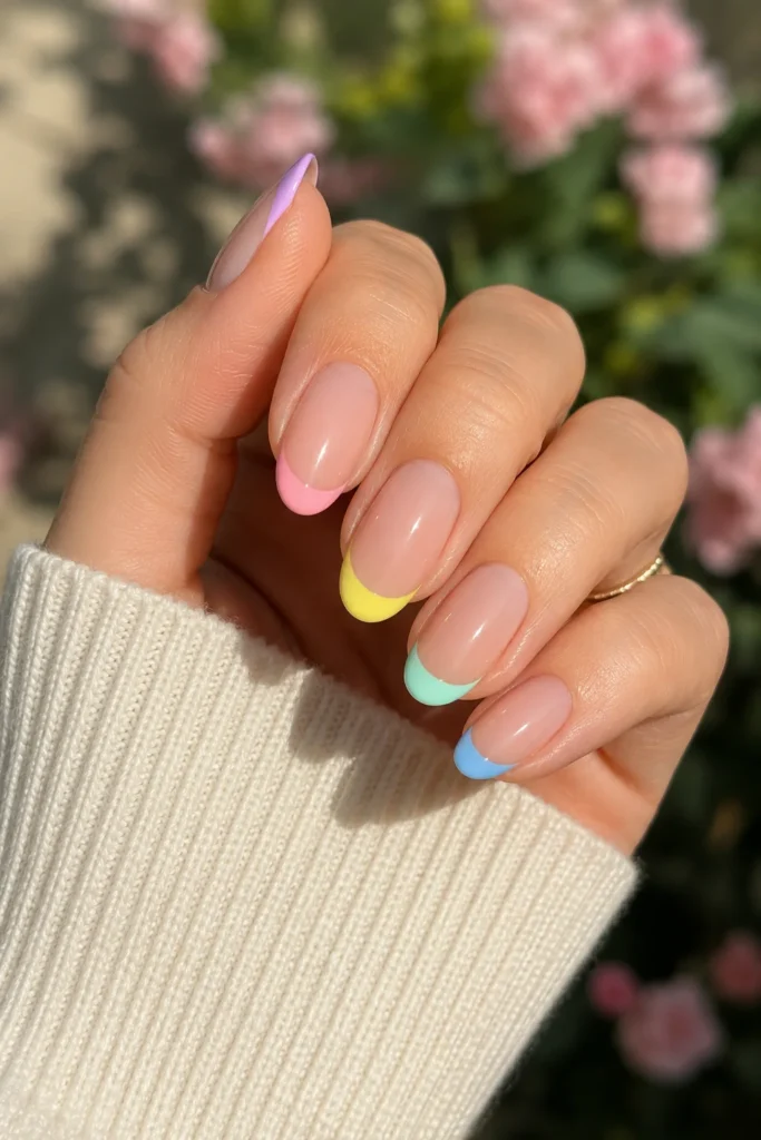 Pastel rainbow colored french tip nail design