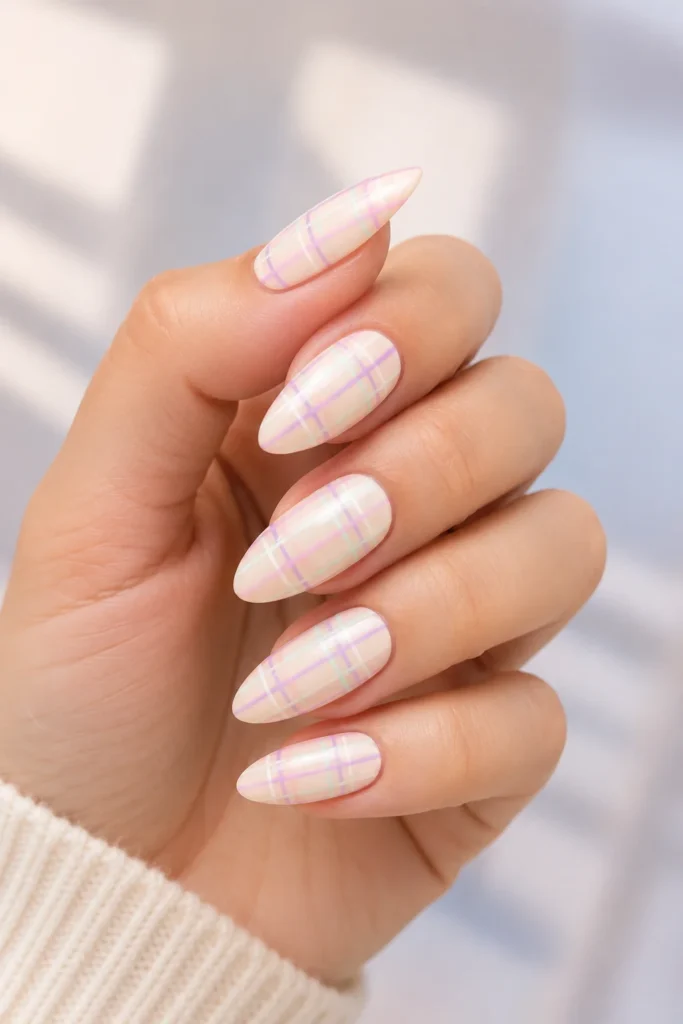 Pastel plaid nails in pink lavender and mint on almond nails