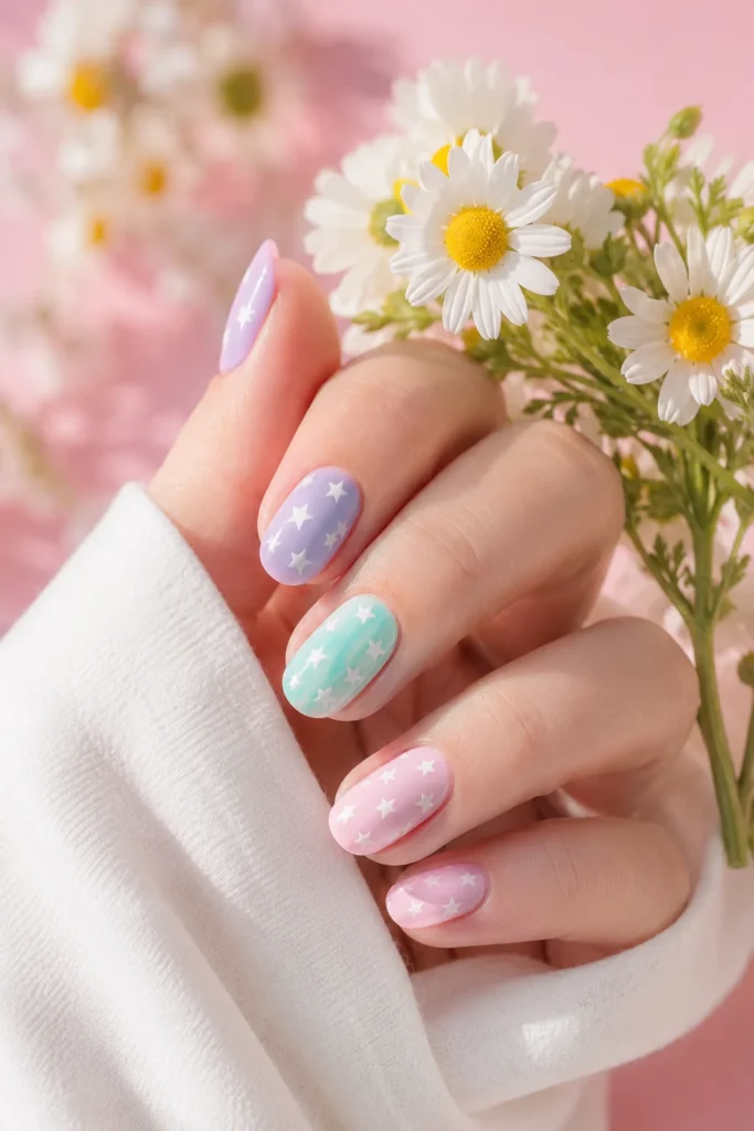 Pastel nails with white star nail art