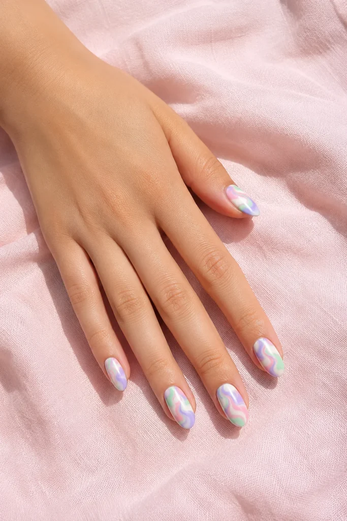Pastel swirl brush nail art with lilac mint and pink