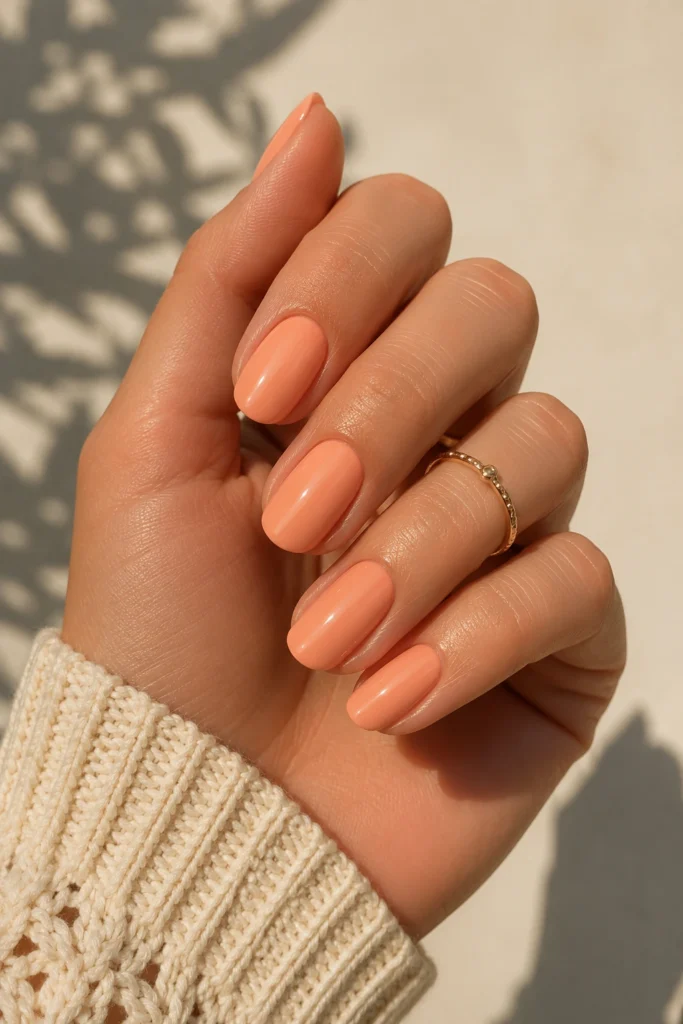 Peach gloss nails soft shine pregnancy manicure