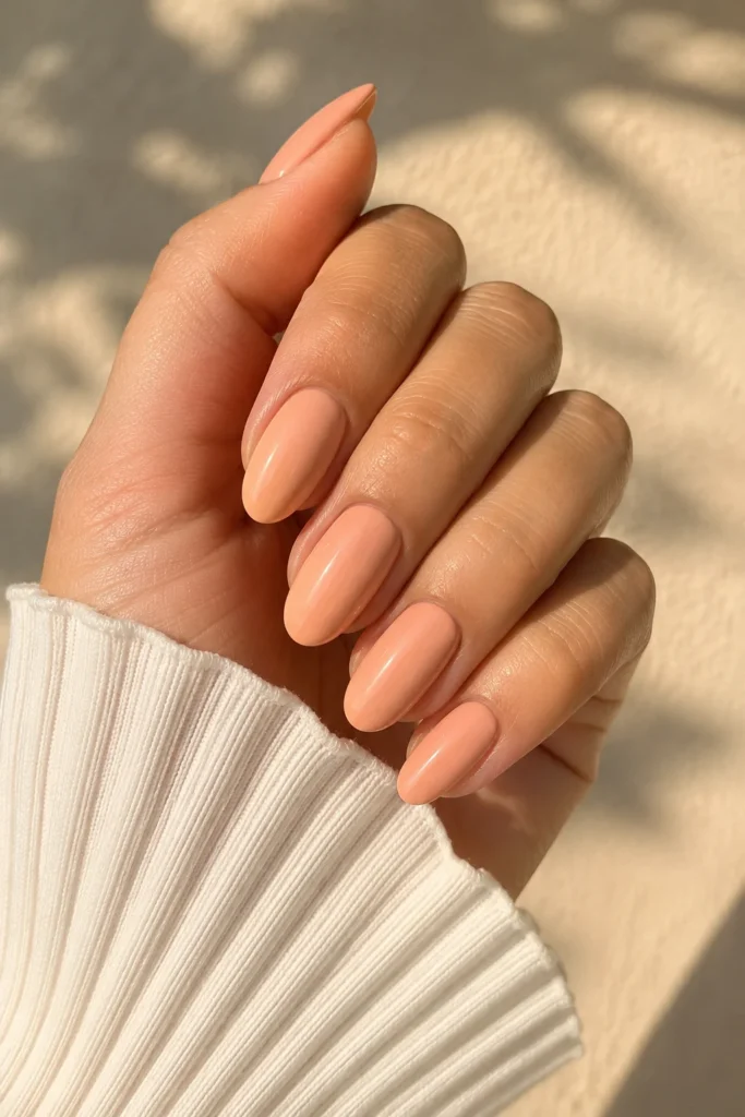 Warm peach nude polish on natural shaped nails