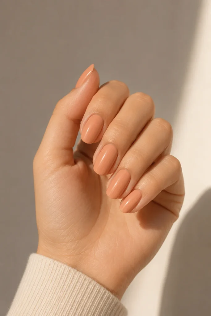 Warm peach nude polish on short nails