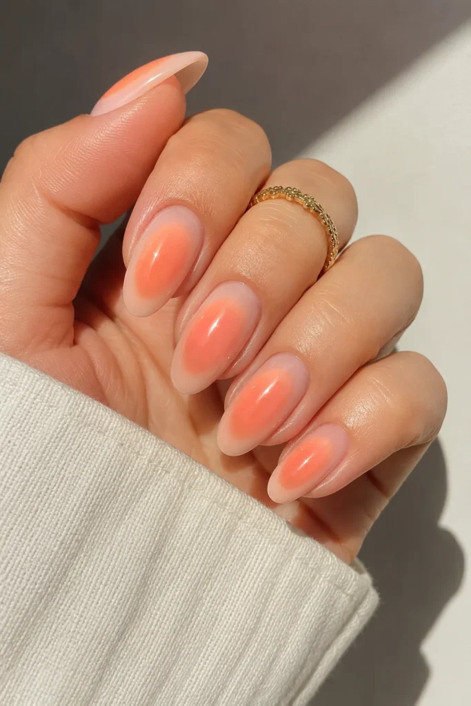 creamy peach glossy aura summer nail look