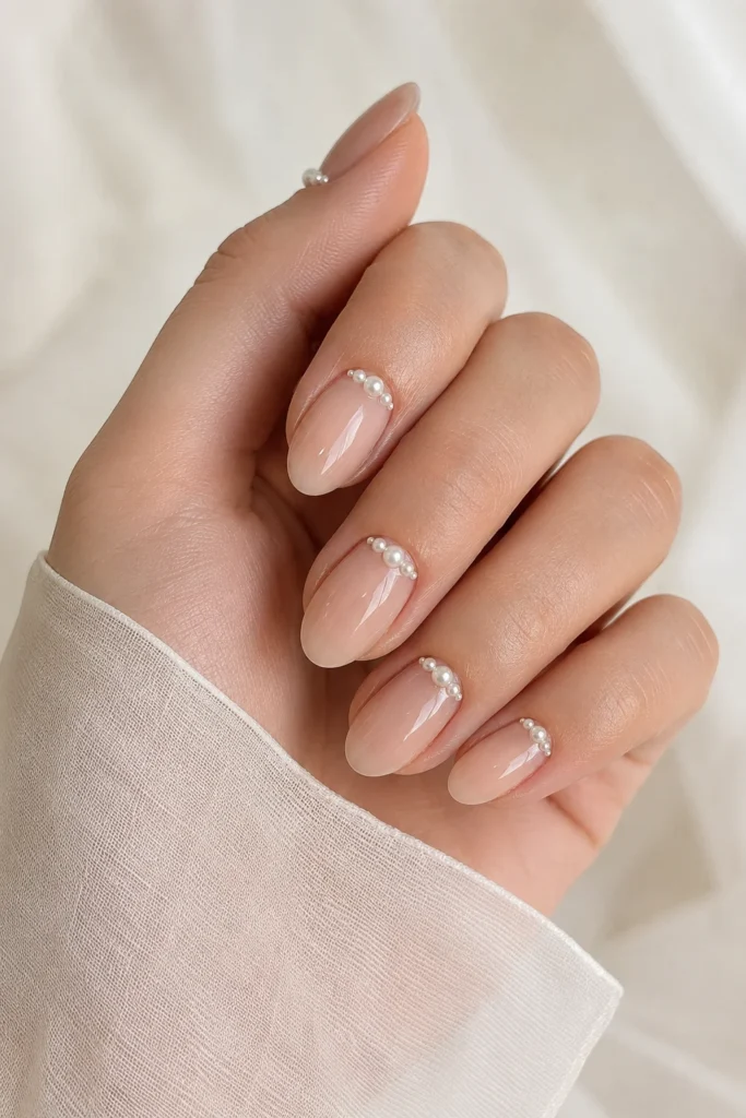 Tiny pearl accents on nude bridal nails