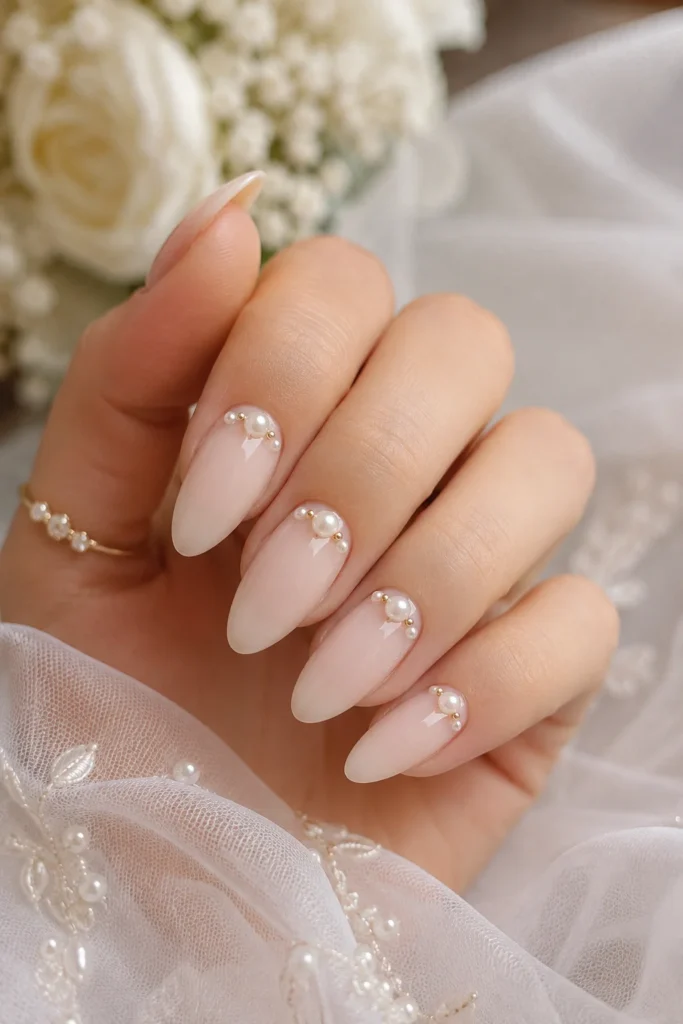 Tiny pearl embellishment bridal wedding nail design