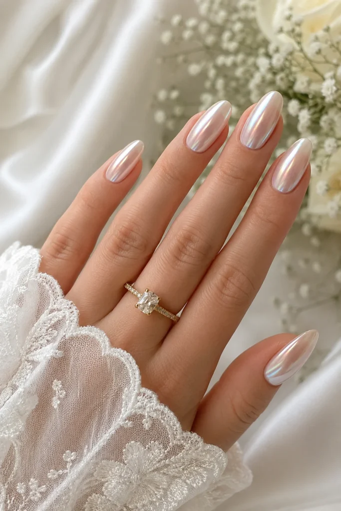 Pearl chrome glazed bridal shower nail design