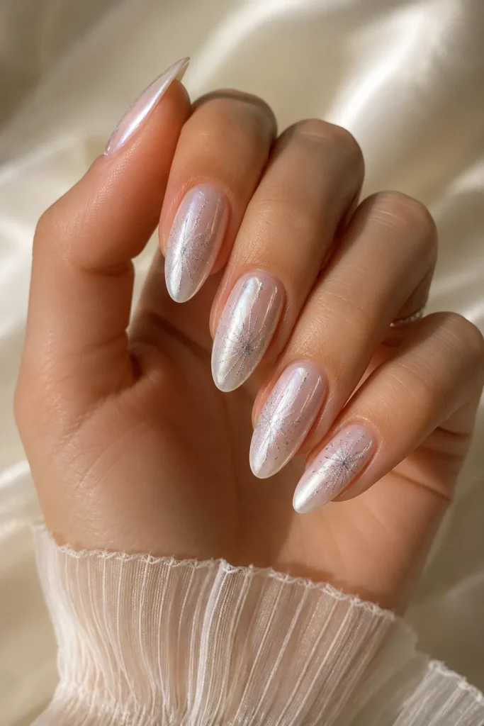 Pearl chrome nails accented with delicate silver fireworks