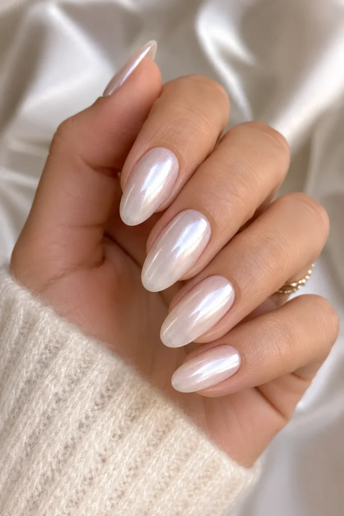 Pearl chrome shimmer dip powder nails luxurious manicure