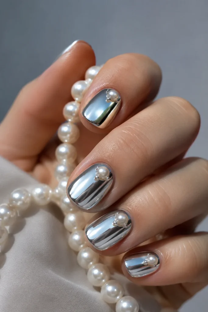 Pearl accents over chrome nails create elegant mermaid look