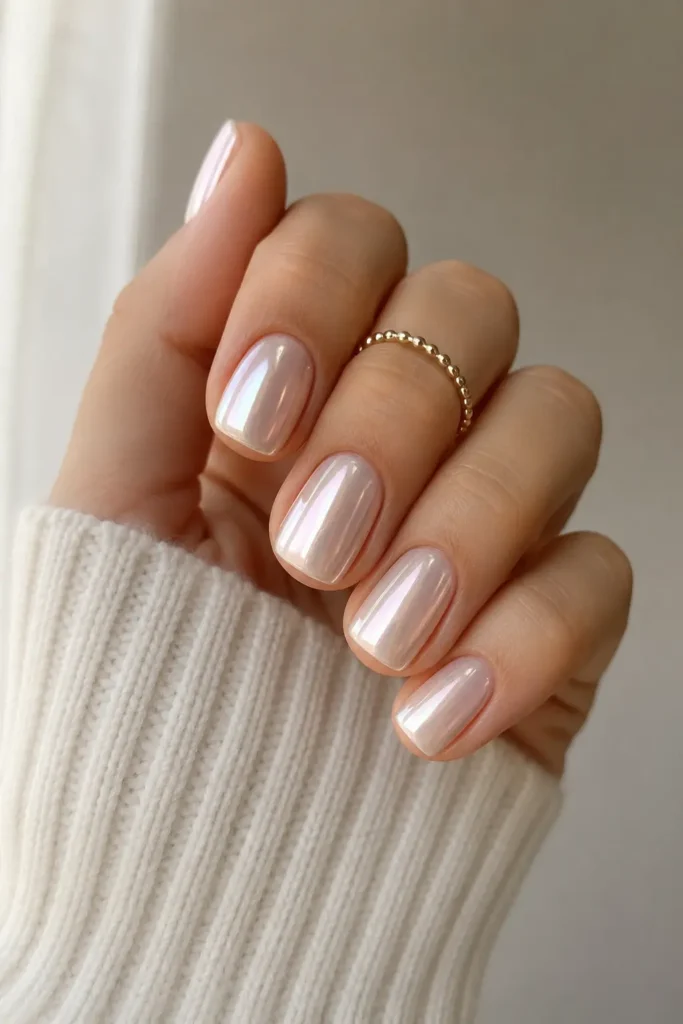 pearl chrome short nails design