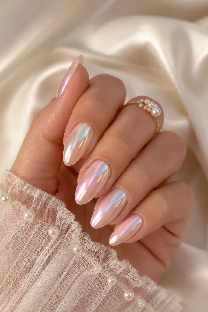Luminous pearl chrome finish on bridal almond nails