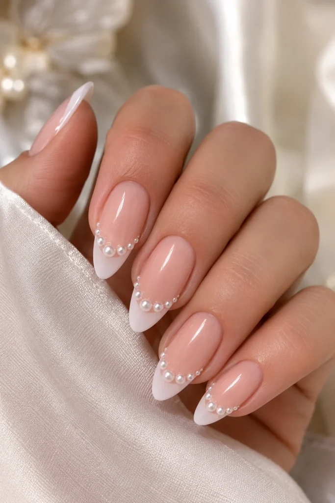 Classic French manicure decorated with pearl embellishments 