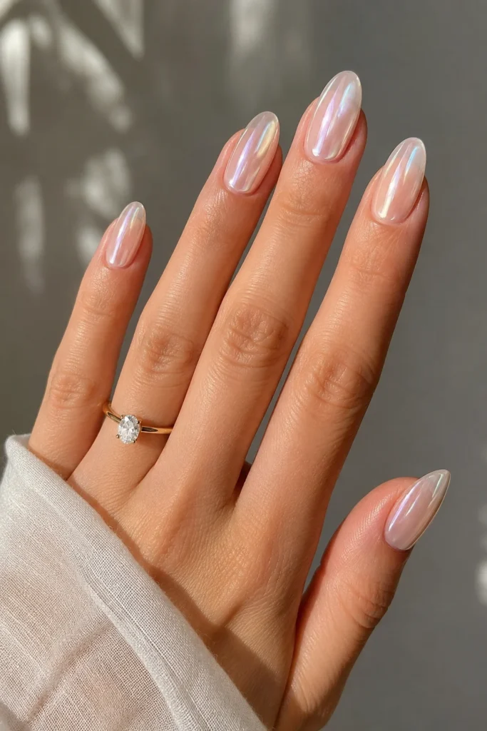 Pearl glazed clear nails iridescent shimmer manicure look