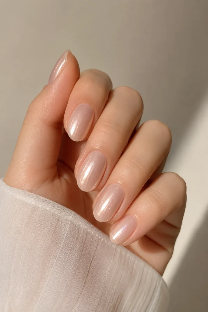 Milky nude nails with pearlescent glazed shimmer finish
