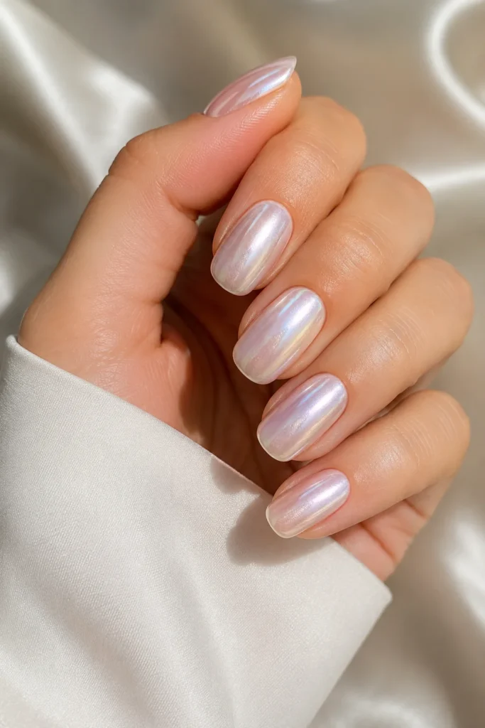 Pearl glazed nails shimmer luxurious baby shower manicure