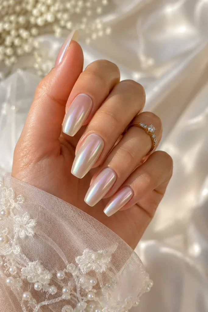 Pearl chrome shimmer finish bridal wedding nails