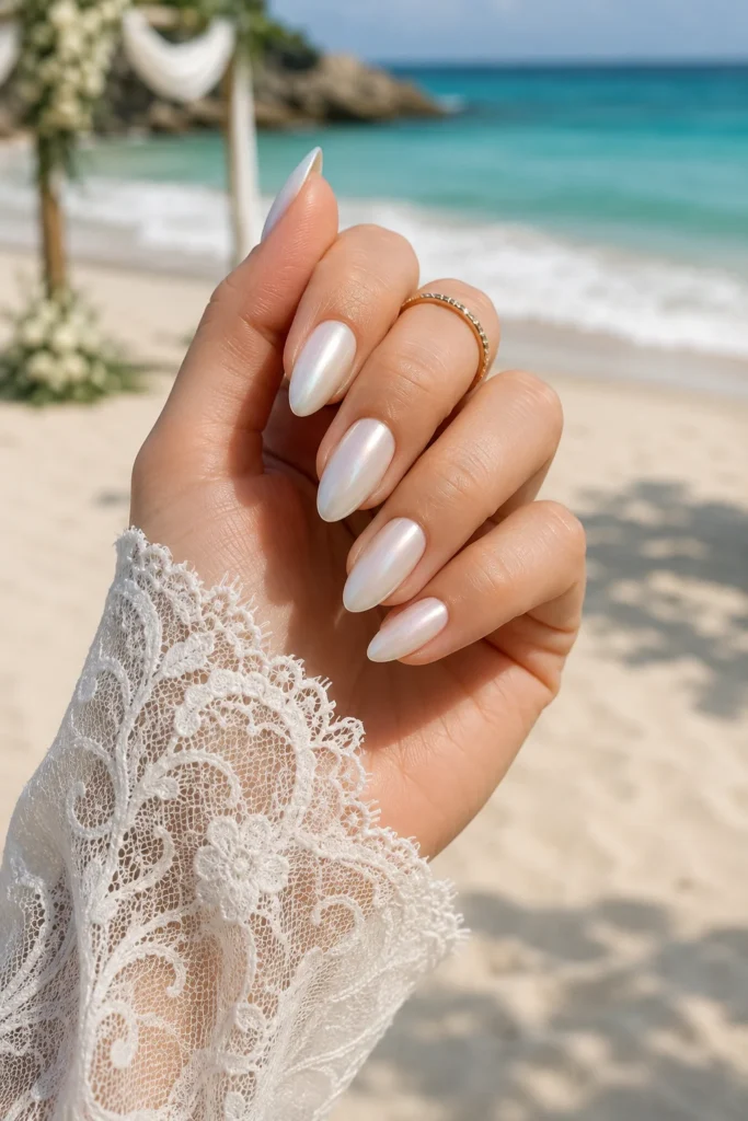 Glossy pearl white almond nails for beach wedding