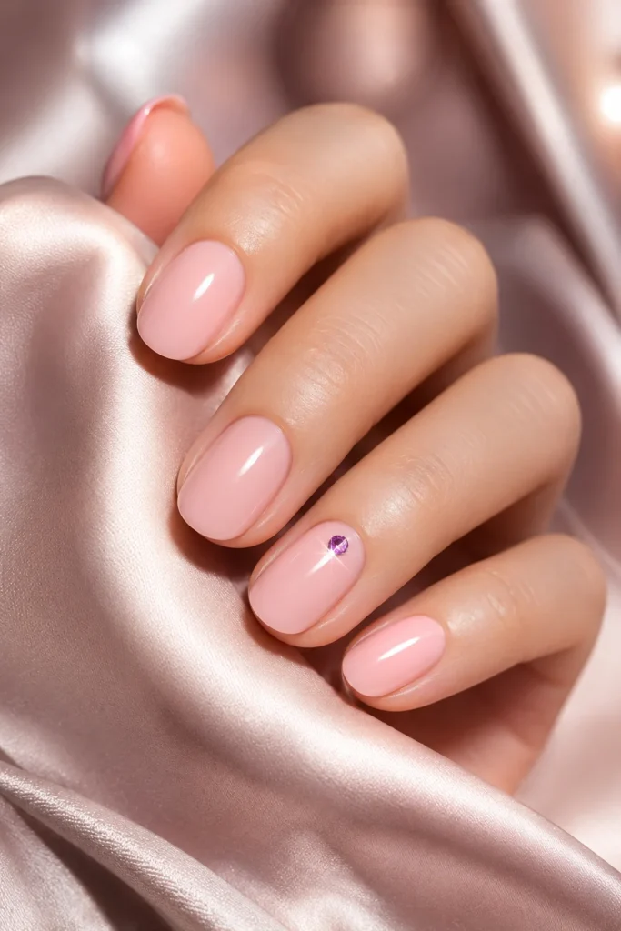 Soft pink nails with a small amethyst gem accent