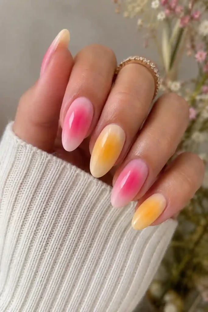 Pink and yellow aura nails playful spring floral blend