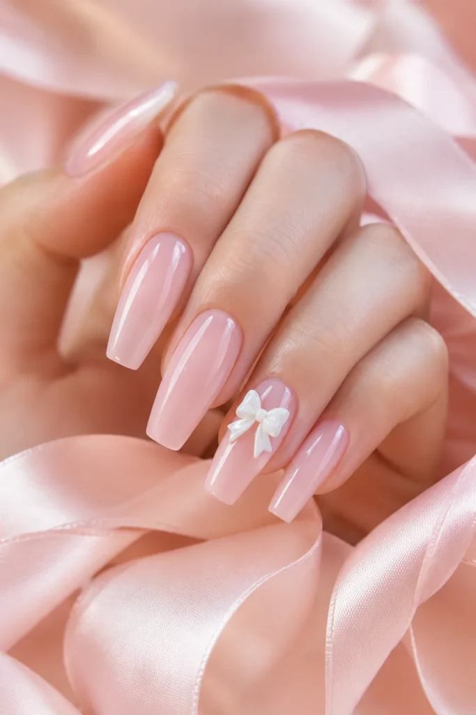 Soft pink ballerina nails with white 3D bow accent