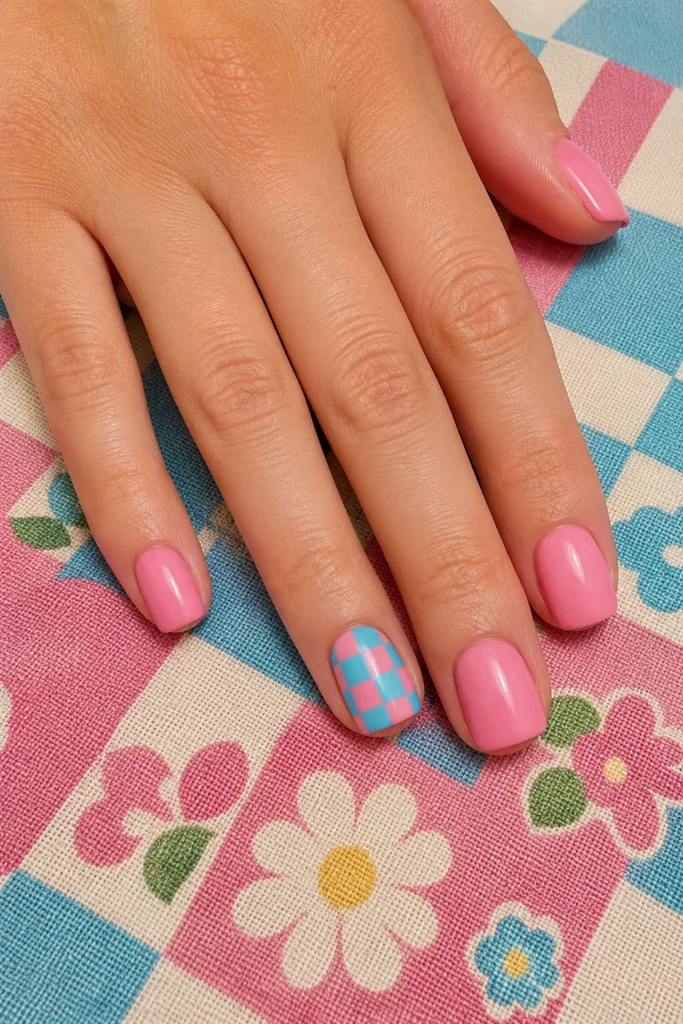 Pink and blue checkerboard accent nail design