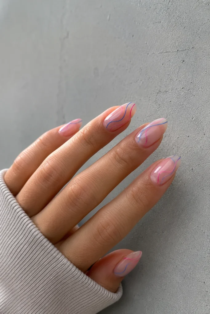 Modern pink and blue abstract line art nails