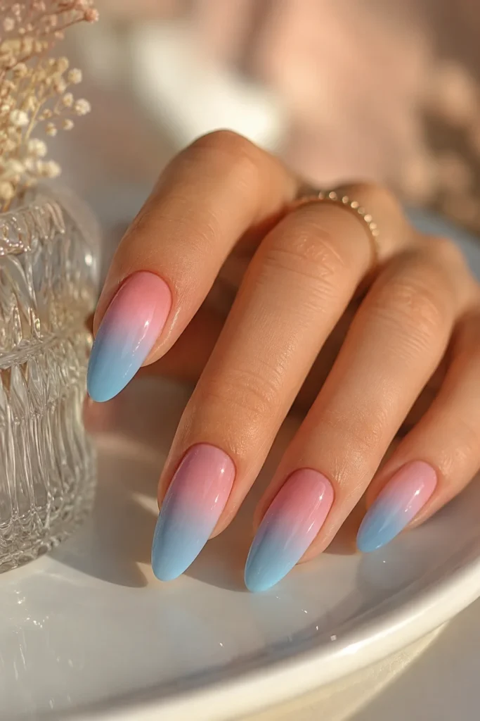 Pink and blue ombre fade nails with glossy finish