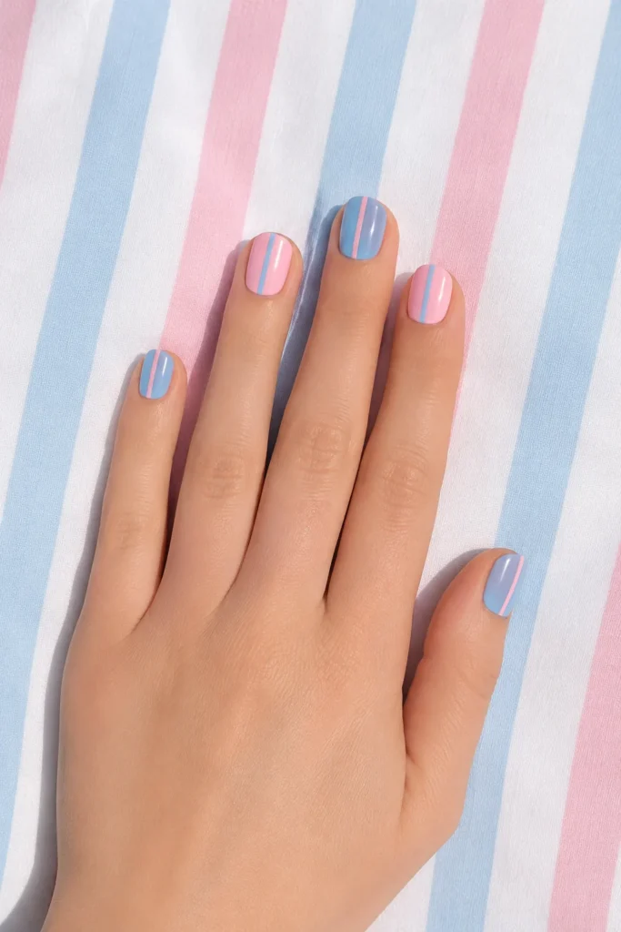 Pink and blue nails with vertical stripe accents