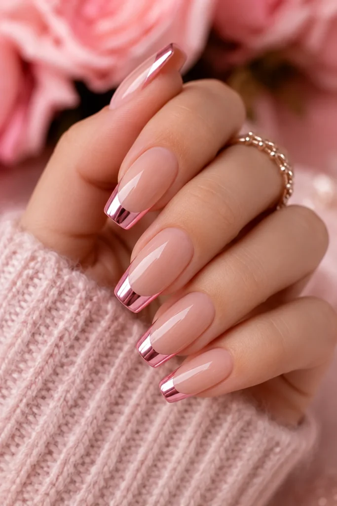 Reflective pink chrome tips on nude base nails